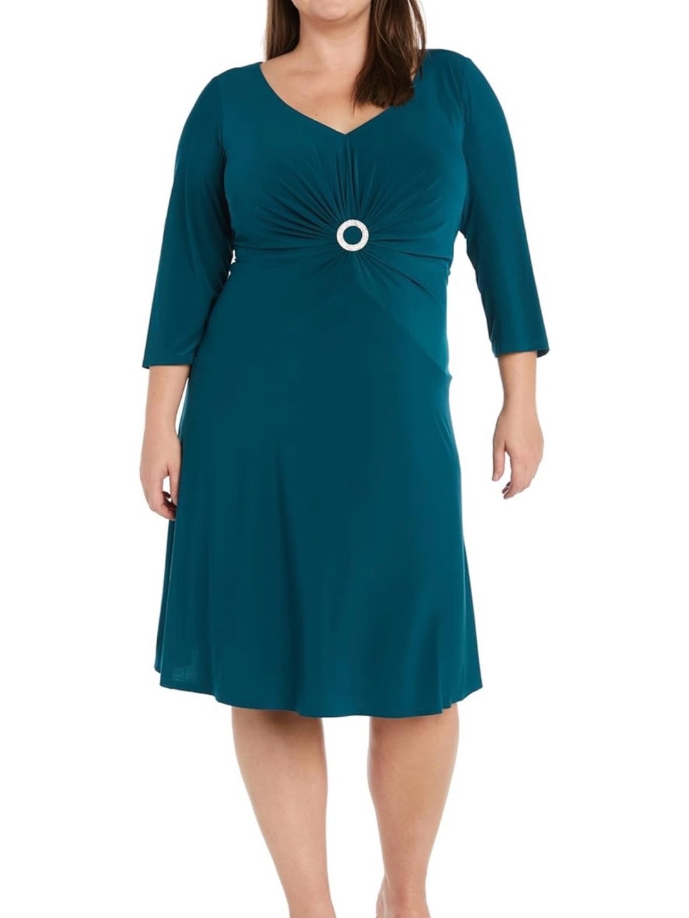 R&M Richards Teal V-Neck Midi Dress with Decorative Waist Ring
